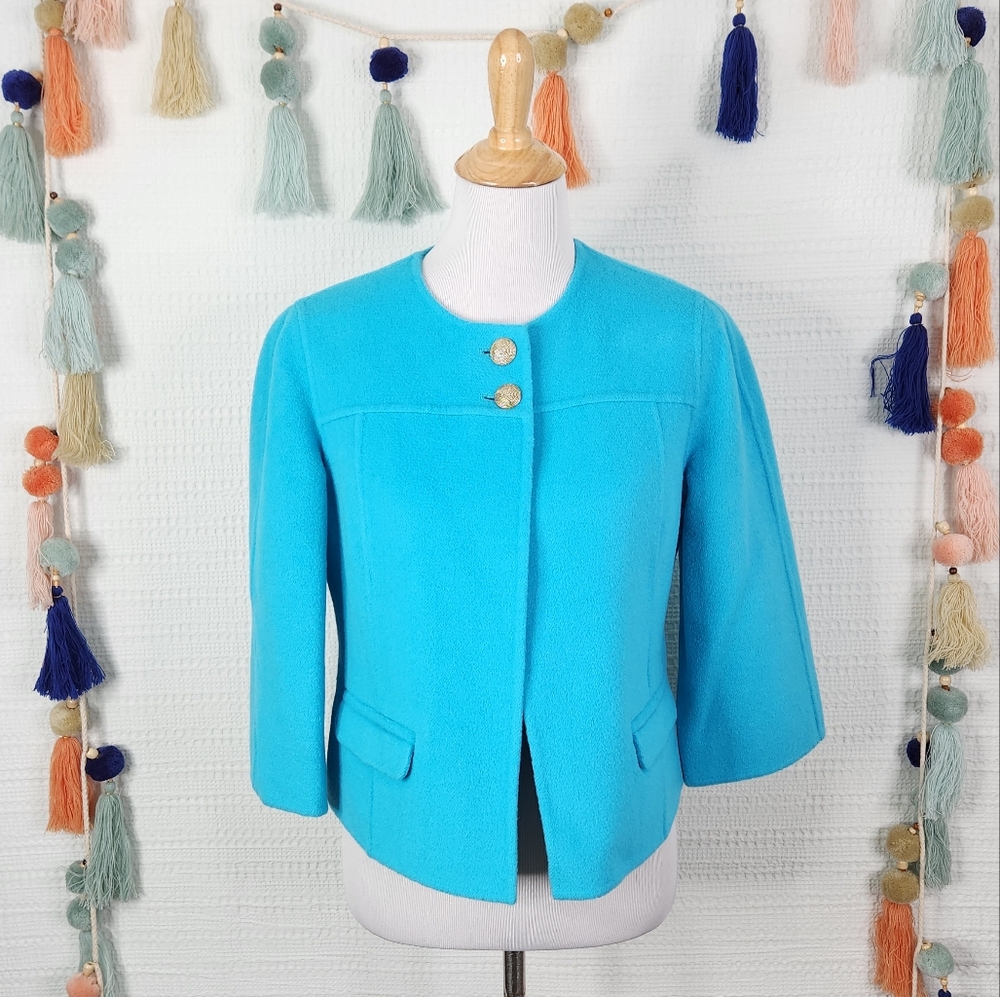 St. John Turquoise Blue Cropped Wool Blend Jacket with Gold Buttons